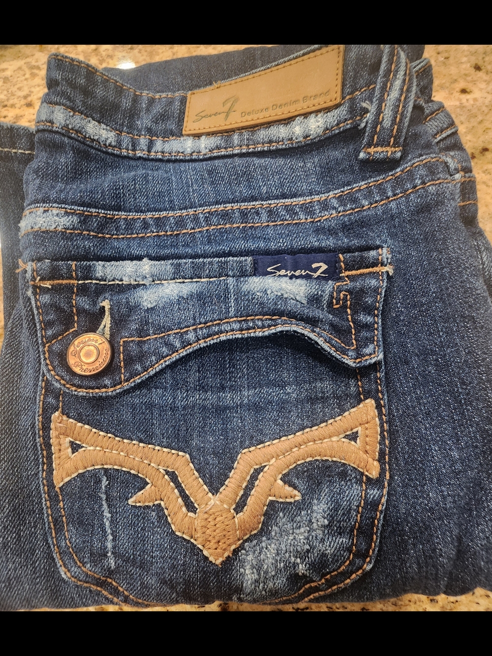 Seven7 Women's Dark Blue Boot Cut Jeans with Tan Pocket Embroidery